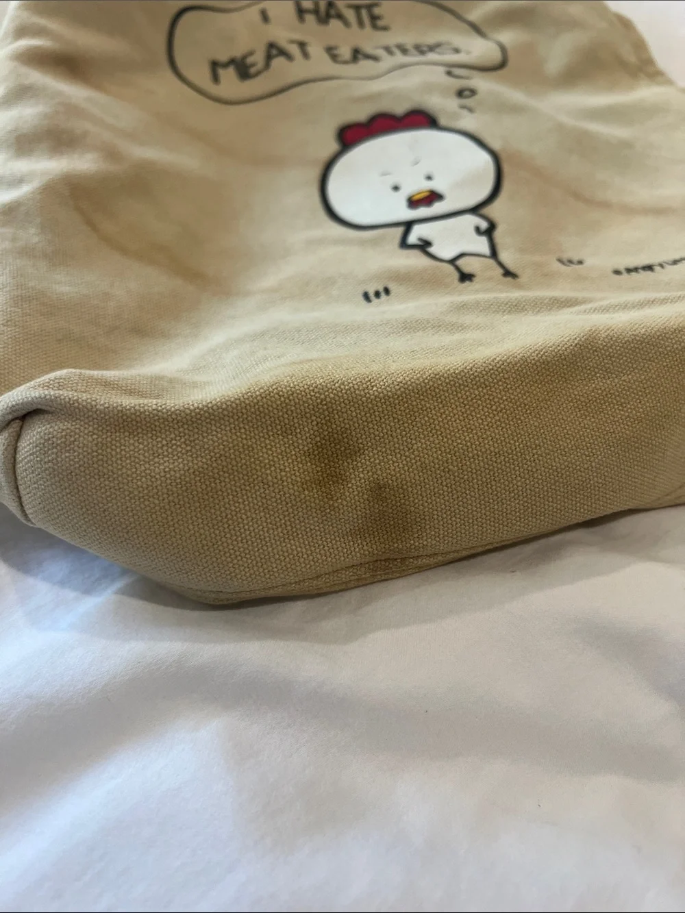 Angry Little Girls Canvas Tote Bag with 'I Hate Meat Eaters' Chicken Print - Tan